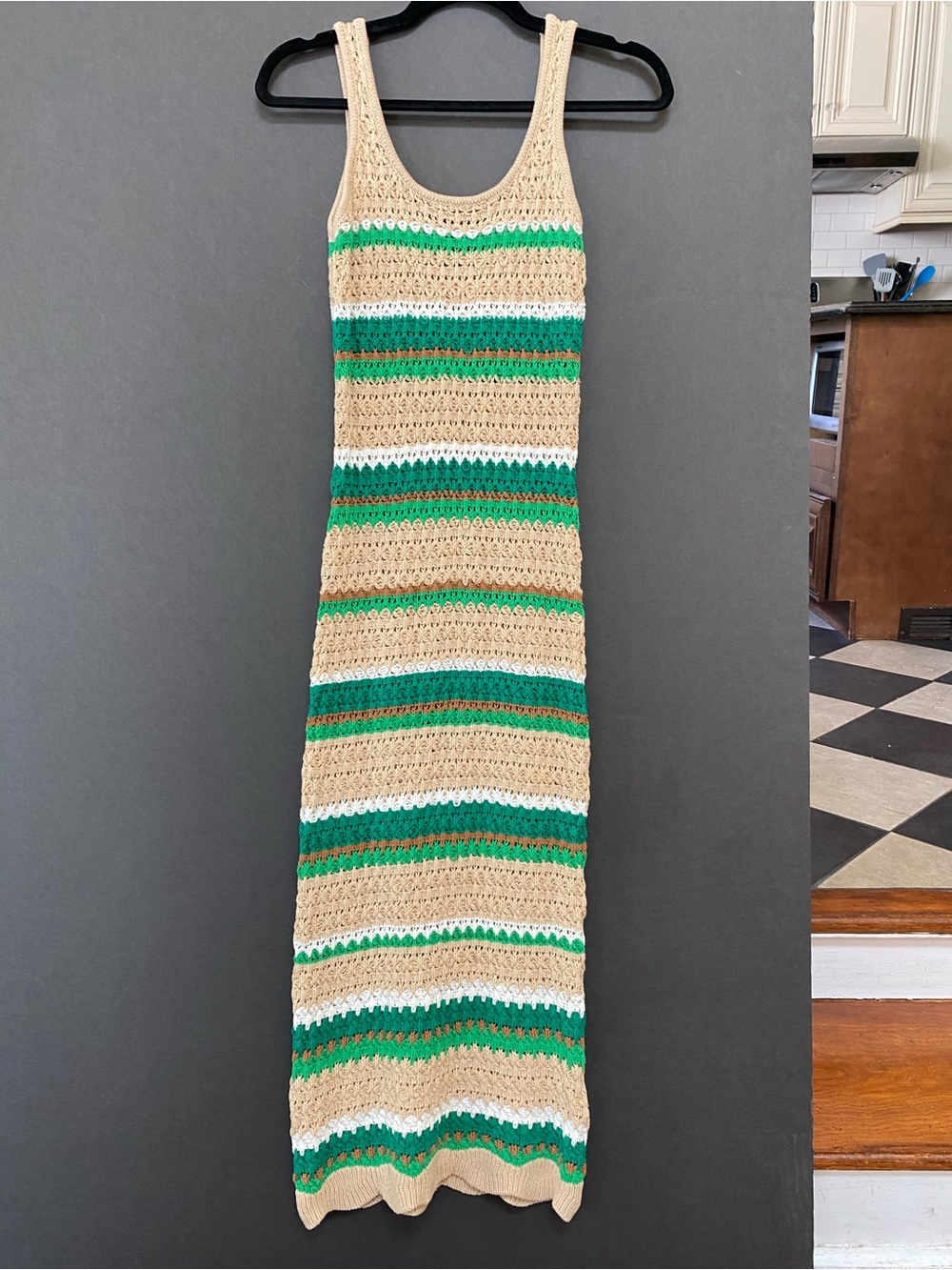Sleeveless Crochet Midi Dress in Beige and Green